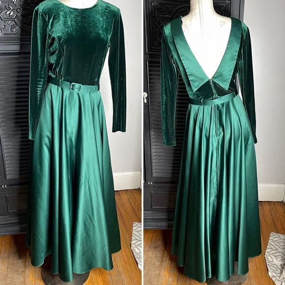 Vintage 70s Scott McClintock Velvet Belted‎ Long Sleeve Cocktail Dress Emerald 8 - Picture 2 of 10